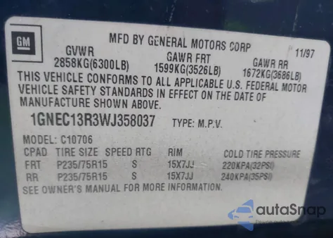 1997 Chevrolet K1500 Fleetside z USA, uszkodzony, nr VIN 2GCEK19R0V1149995